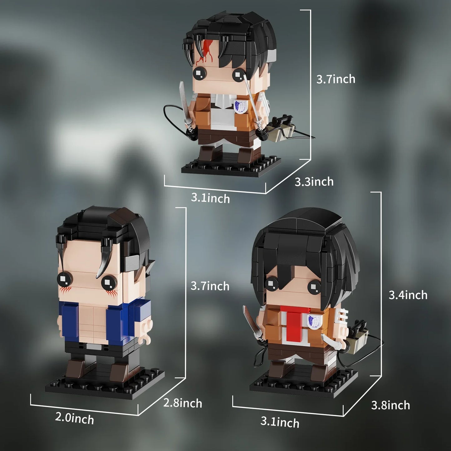 3 in 1 Attacked on Titan Bricks Headz with Eren Mikasa Levi Model Toys Building Blocks Suit Kids Toys for Children Gifts