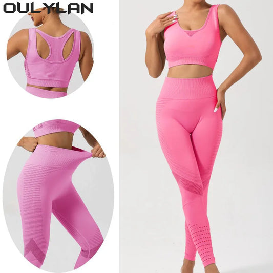 Oulylan Sexy Yoga Nylon Tracksuits Women Set Sports Suit Gym Fitness Bra Leggings Women Lounge Wear Crop Tops 2PCS