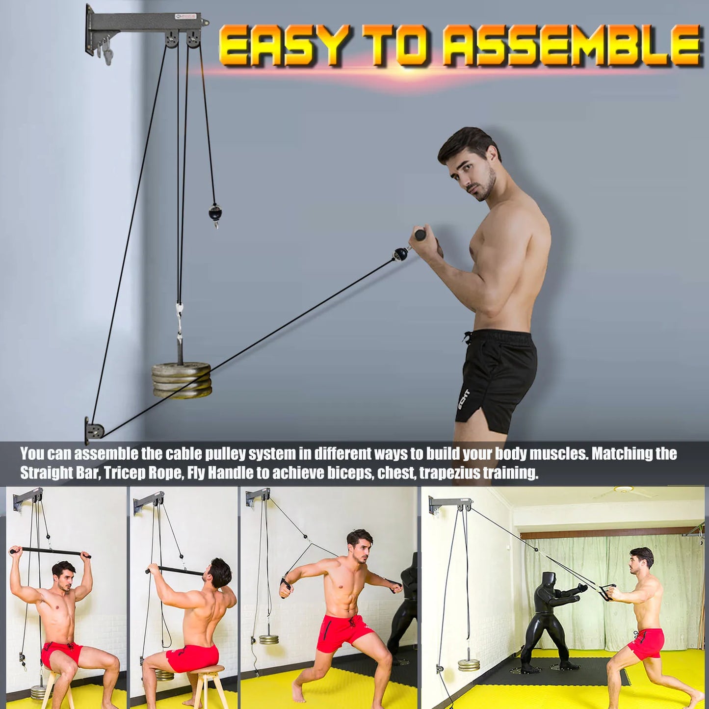 Fitness Cable Pulley System Wall Mounted LAT Pulldown Machines Tricep Rope Resistance Band Handles Loading Pin Gym DIY Equipment