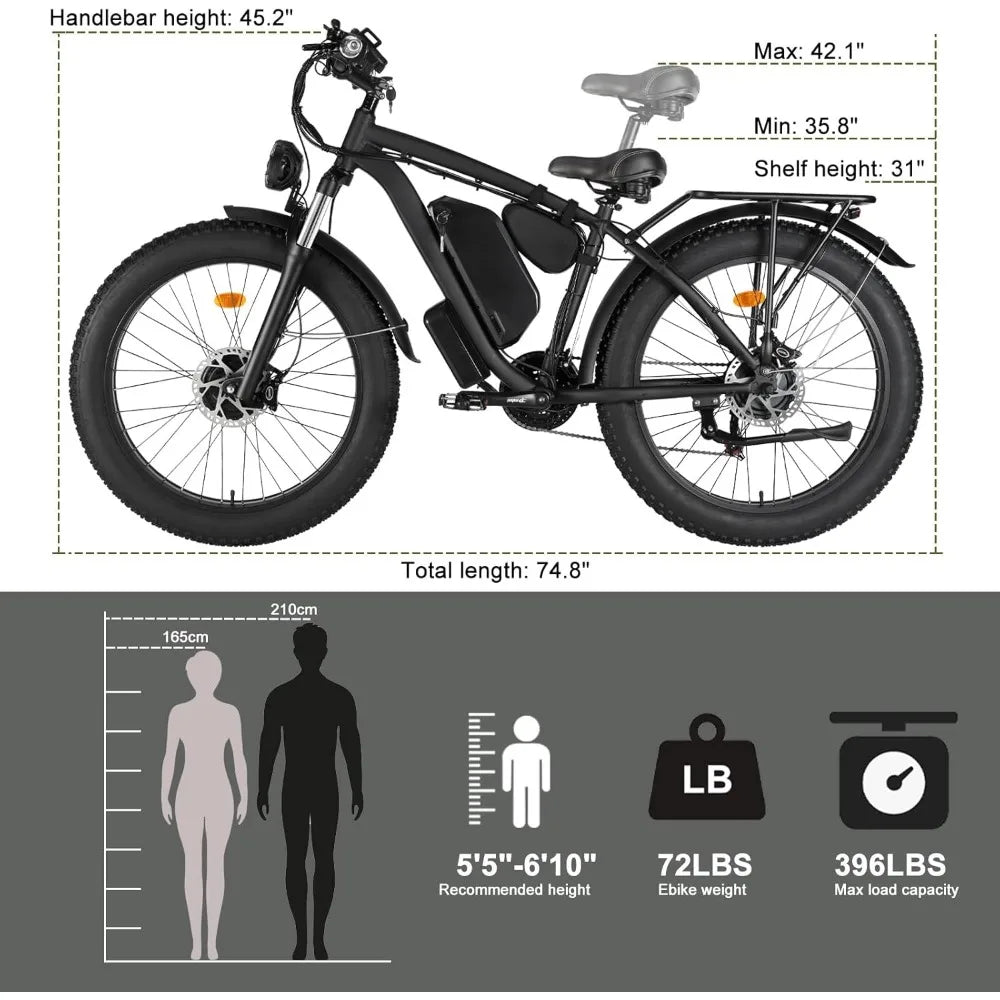 Electric Bike for Adults, SMLRO XDC600 Dual Motor 2000W 48V/22.4Ah Removable Lithium Battery