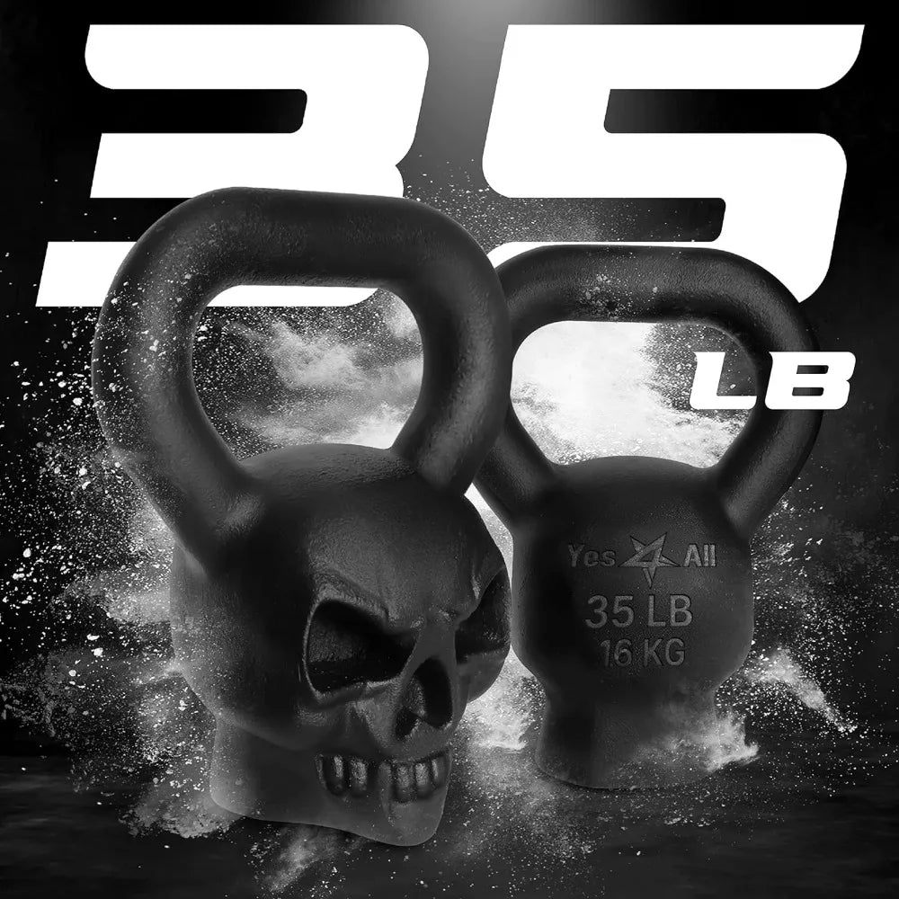 Skull Kettlebells 25, 35 lbs - Cast Iron Kettle Bell with Anti Slip Powder Coated Handle - Strength Training Kettlebells