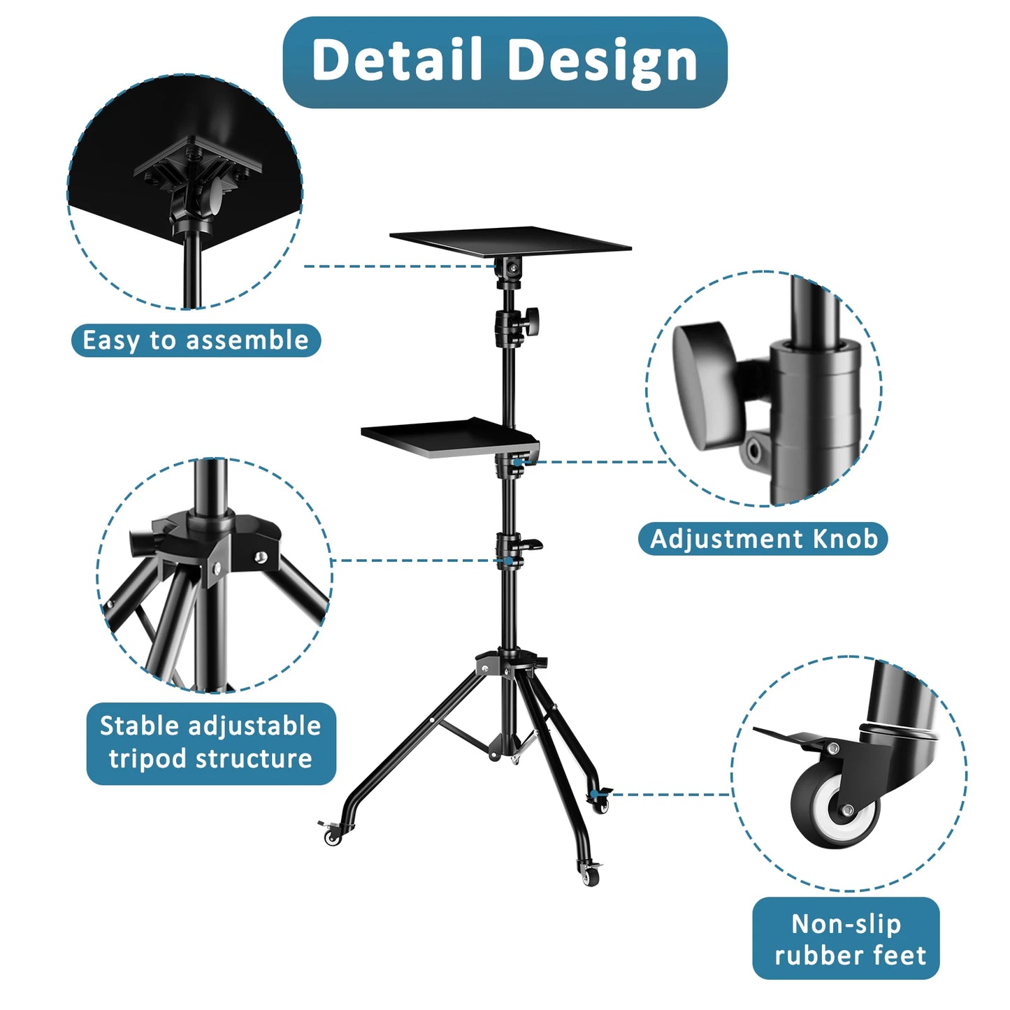 Portable Projector Floor Stand Adjustable Height Projector Tripod Stand with 2 Shelves, Laptop Tripod on Wheels With Two Clip