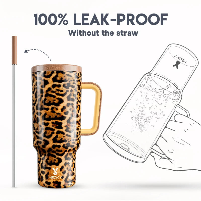 40oz Cup Meoky Stainless Steel Water Bottle With Lid Leopard Print Non-slip Vacuum Cup Portable Coffee Car Mug Juice Milk Cup