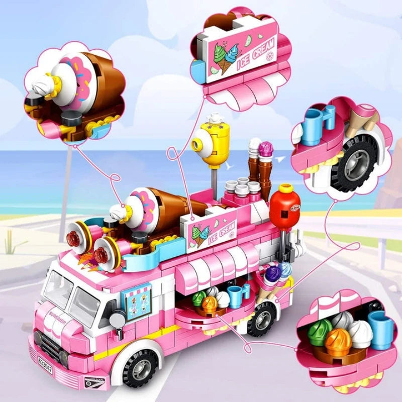 Pink Friendship Ice Cream Truck Street View Dining Car Mini Building Blocks Food Snacks Shop Bricks Toys Gift For Girls