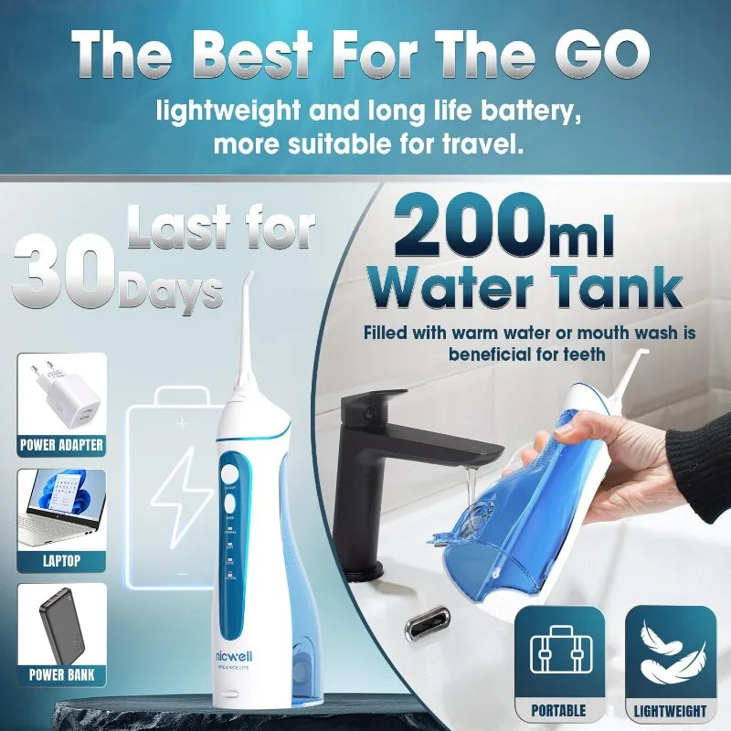 Water Dental Flosser Cordless for Teeth - Nicwell 4 Modes Dental Oral Irrigator, Portable and Rechargeable IPX7 Waterproof