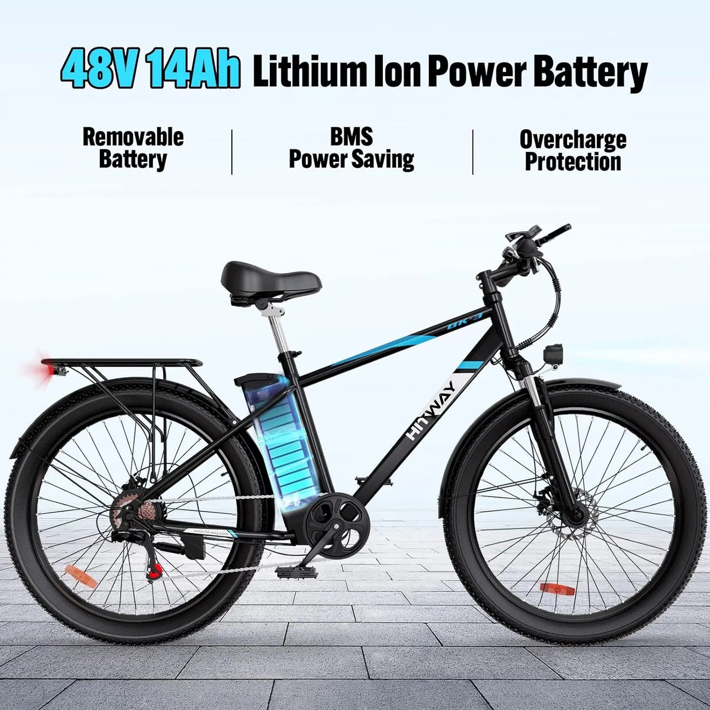 HITWAY BK3M Electric Bike 750W Motor 48V 14Ah Removable Battery 20MPH Shimano 7 speed 26" x 3.0" E-bike &REAR RACK BIKE BAG