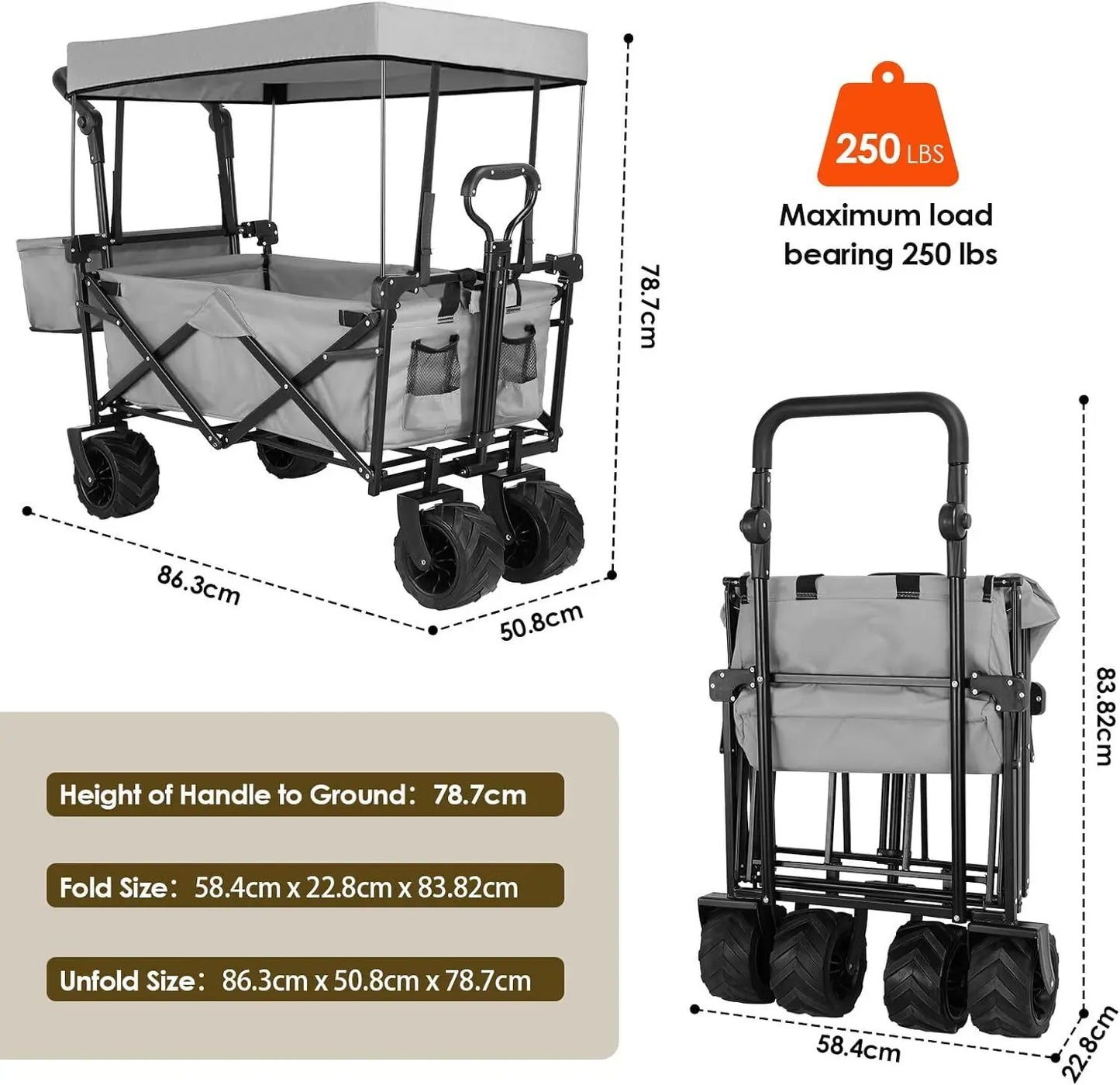 262L Collapsible Garden Cart Wagon with Removable Canopy, 115kg Capacity Push& Pull Utility Cart 600D Oxfort, Off-road wheel