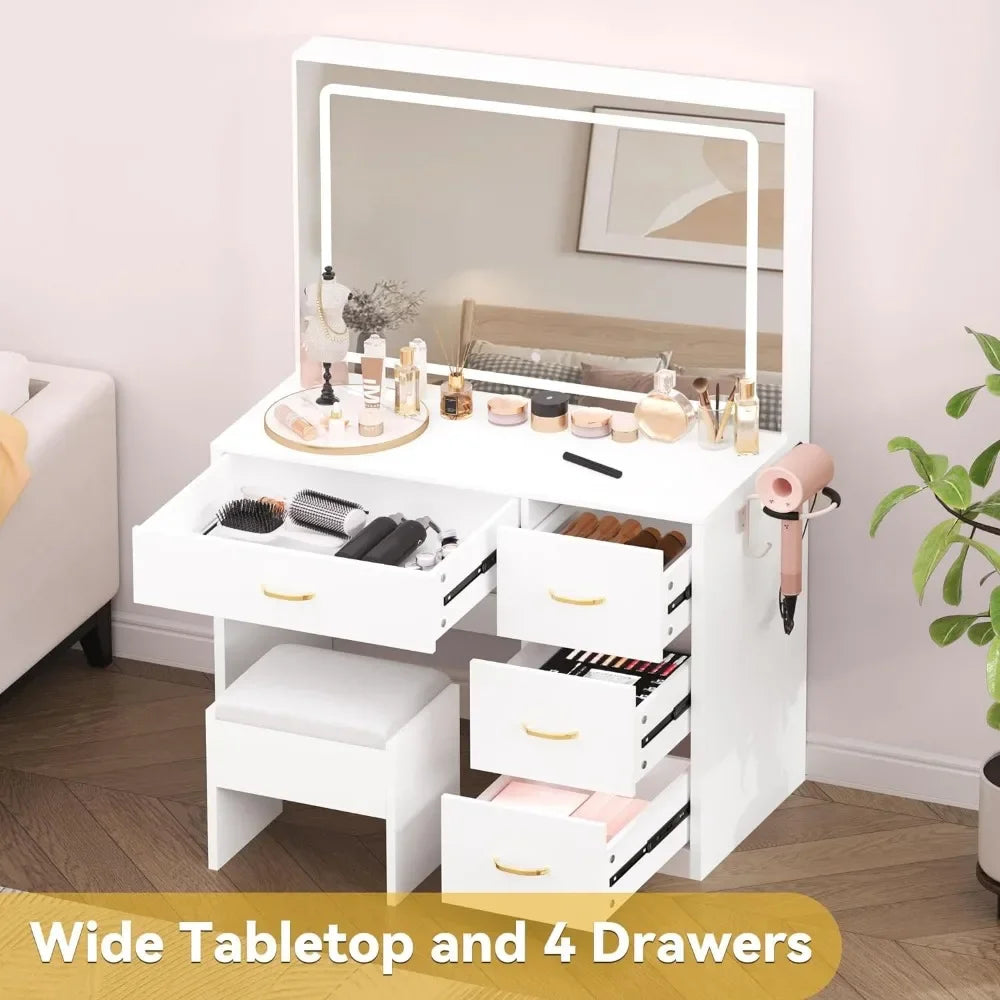 4 Drawer Vanity Table With Cushioned Stool Wooden Chest of Drawers Make Up Table Room Dresser for Bedroom Furniture Milky-White