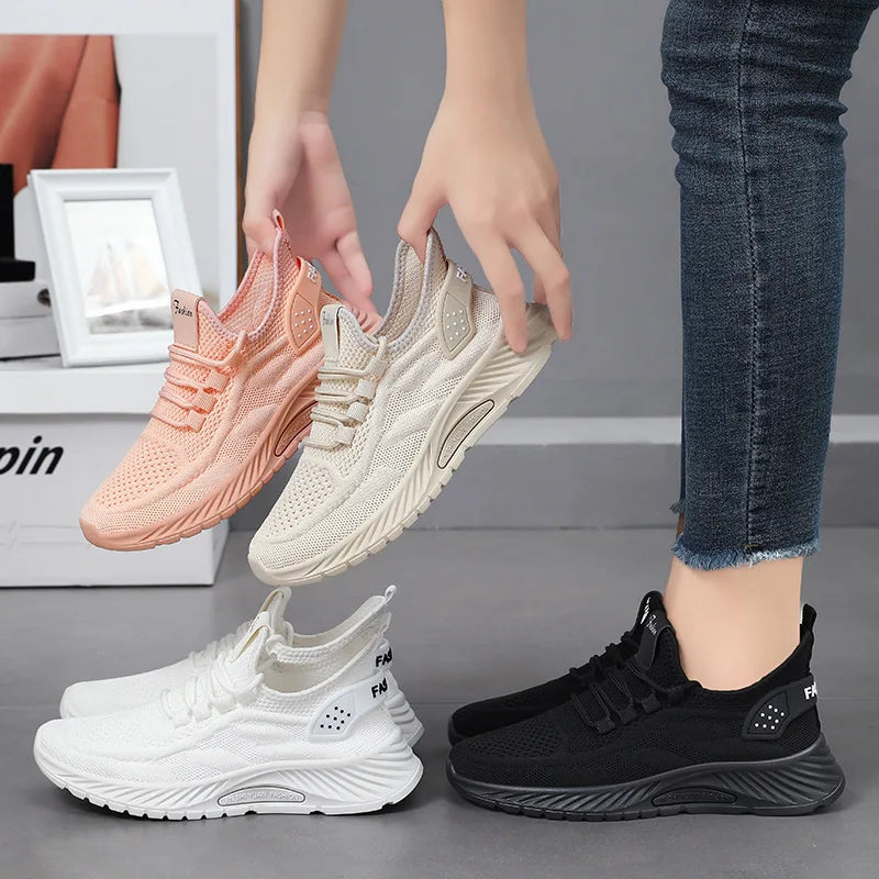 Trendy Shoes for Women Summer Breathable Comfortable Sneakers Lace up Running Shoes Women's Knit Mesh Design Sports Shoes