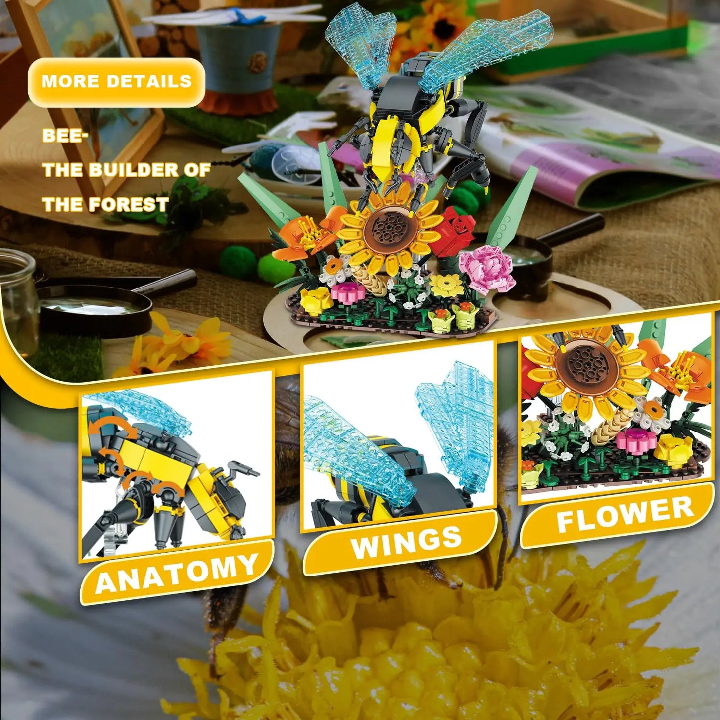 Insect Sunflower Flower Building Blocks Bee Potted Model Bricks Creative Desktop Decorations DIY Toys For Children Holiday Gifts