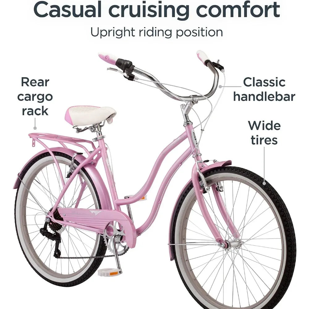 Perla Adult Beach Cruiser Bike, Men and Women, 18-Inch Step-Through Steel Frame, 26-Inch Wheels, 7-Speed Twist Shifters