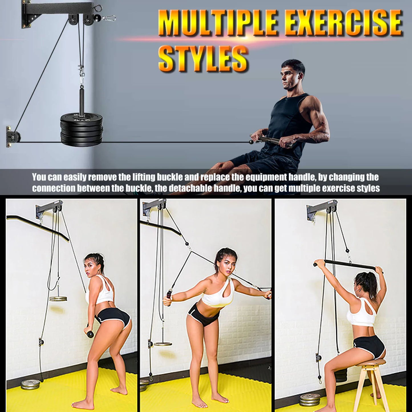 Fitness Cable Pulley System Wall Mounted LAT Pulldown Machines Tricep Rope Resistance Band Handles Loading Pin Gym DIY Equipment