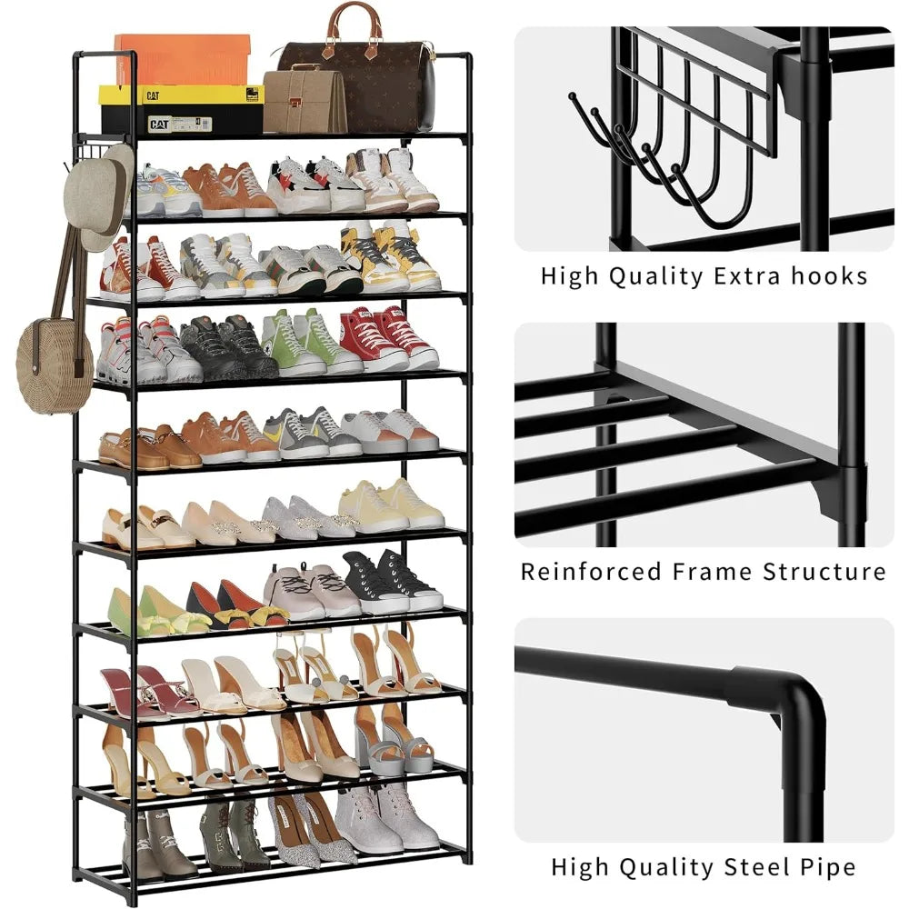 Shoe Rack,10 Tier Shoe Organizer Large Storage with Hooks,Fit 40-50 Pairs Shoes,Metal Tall Shoe Shelf for Entryway,Bedroom