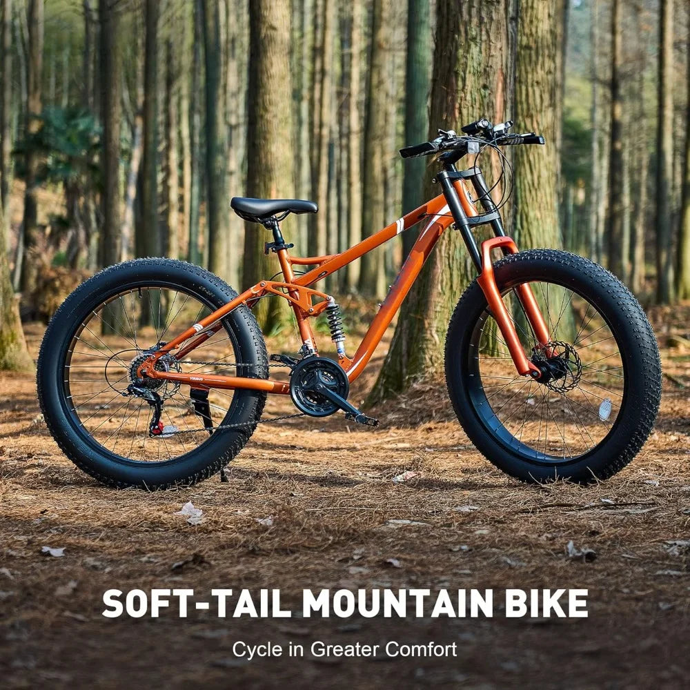 Fat tire bike, full suspension, 21-speed aluminum frame, 26x4.0" mountain bike, gloves and lights,with front and rear suspension