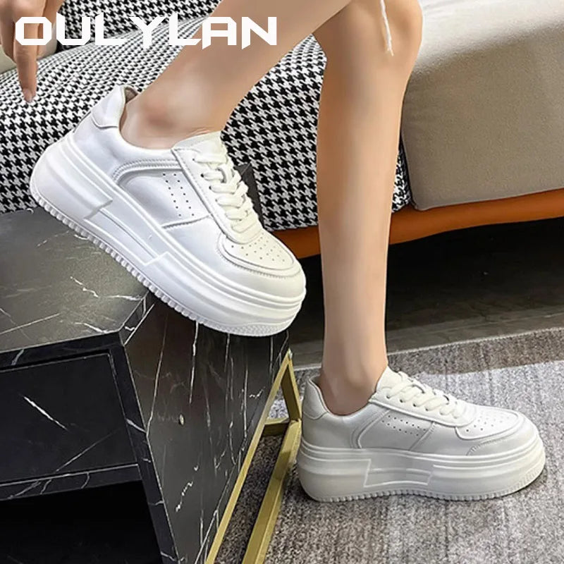 Oulylan 2024 New U Leather Women's White Casual Woman Vulcanize Sneakers Breathable Sport Walking Running Platform Flats Shoes