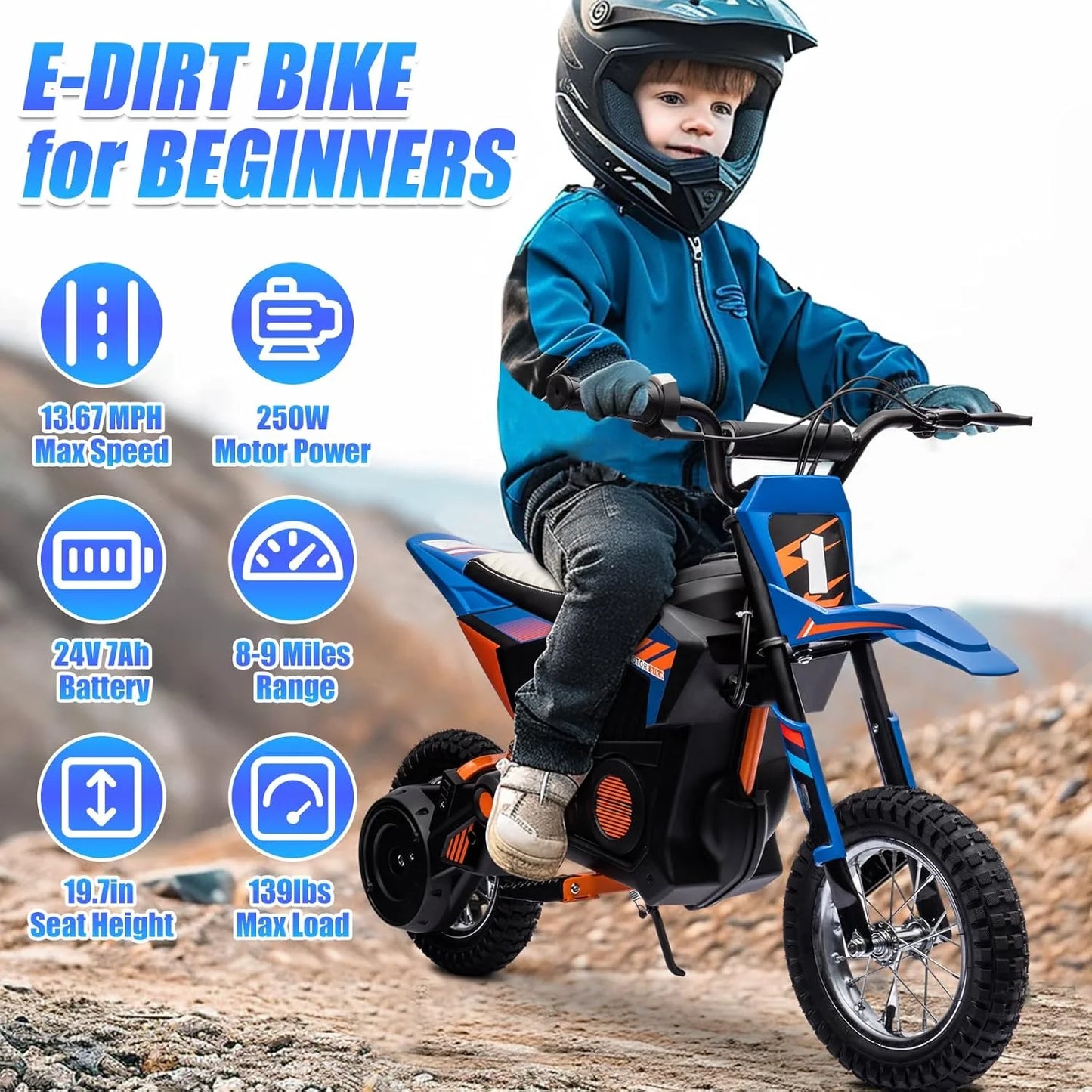 Electric Dirt Bike for Kids,24VElectric Motorcycle,8-9Miles Range,Pneumatic Knobby Tires,Rear Spring Suspension,Chain Protective