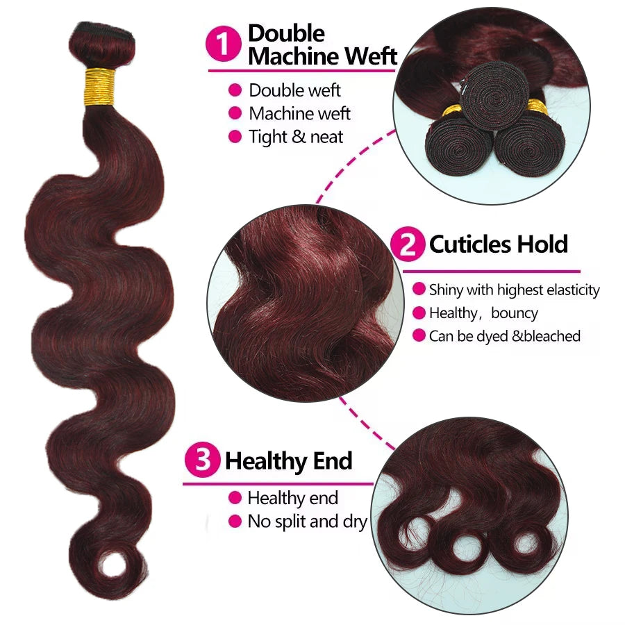 99J Burgundy Human Hair Bundles Body wave Bundles Human Hair 12-26 inch Red Brazilian Hair Extensions Colored Raw Hair Bundles