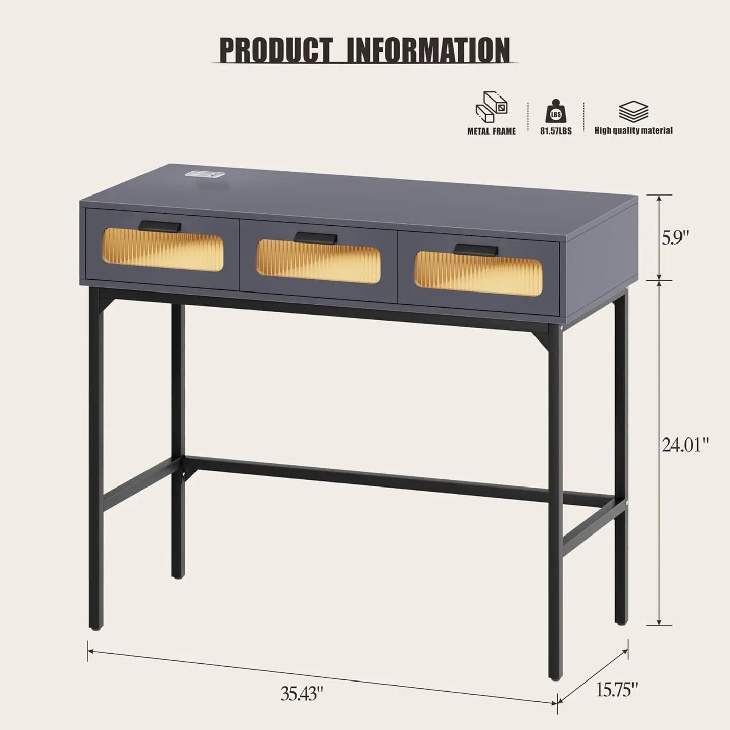 Vanity Desk with 3 Color LED Lights, Makeup Vanity with with Human Body Induction, Vanity Table Set with 3 Large Drawers,Gray