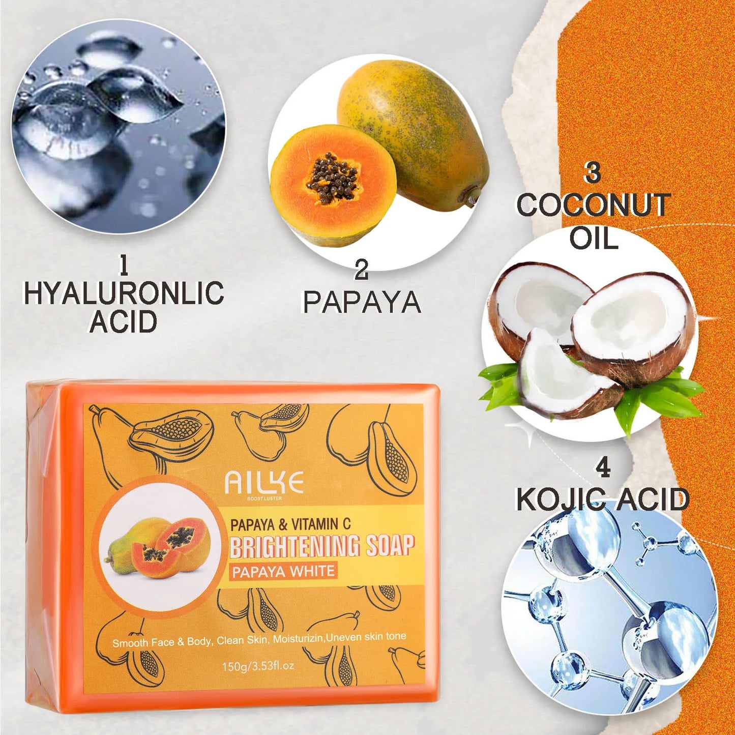 AILKE Skin Whitening Handmade Soap -Organic Papaya Soap For Black Spots, Clean Stains, Improves Dull Skin, Face & Body & Hands