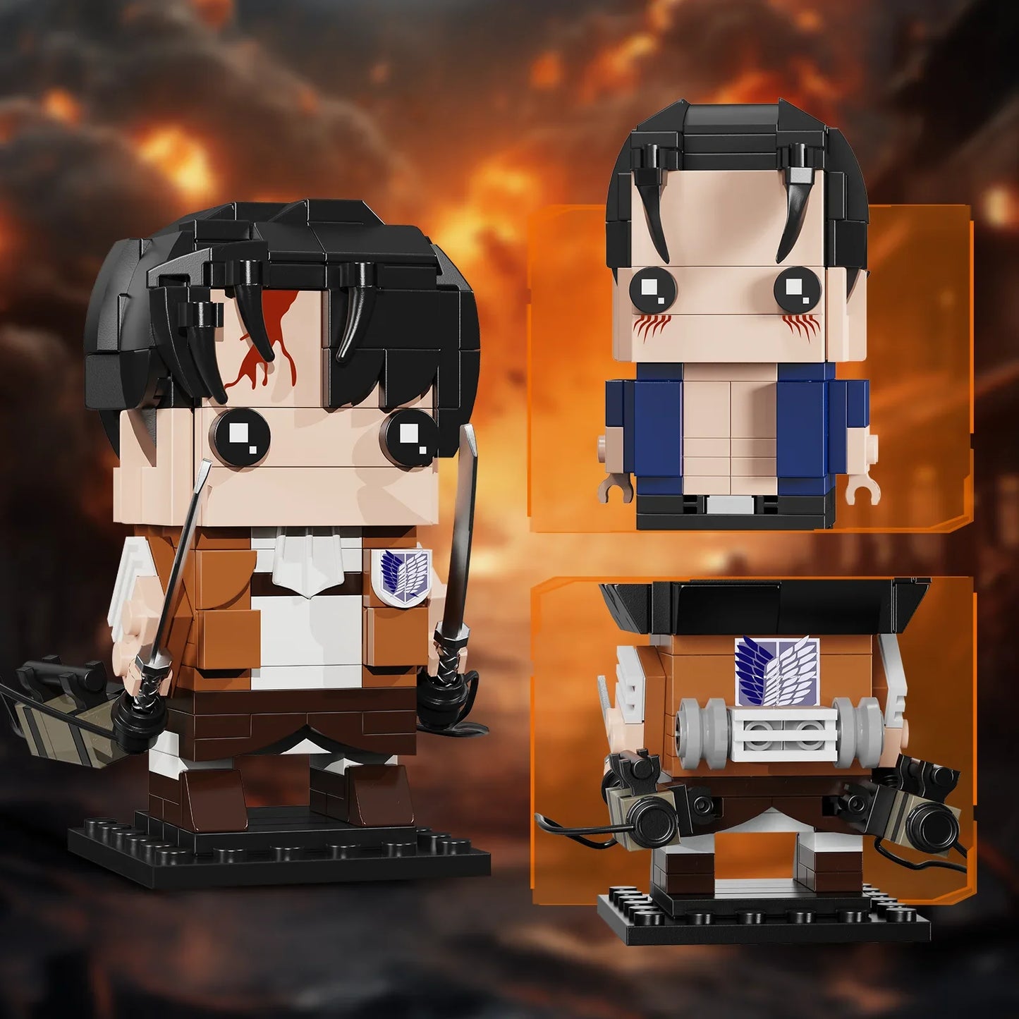 3 in 1 Attacked on Titan Bricks Headz with Eren Mikasa Levi Model Toys Building Blocks Suit Kids Toys for Children Gifts