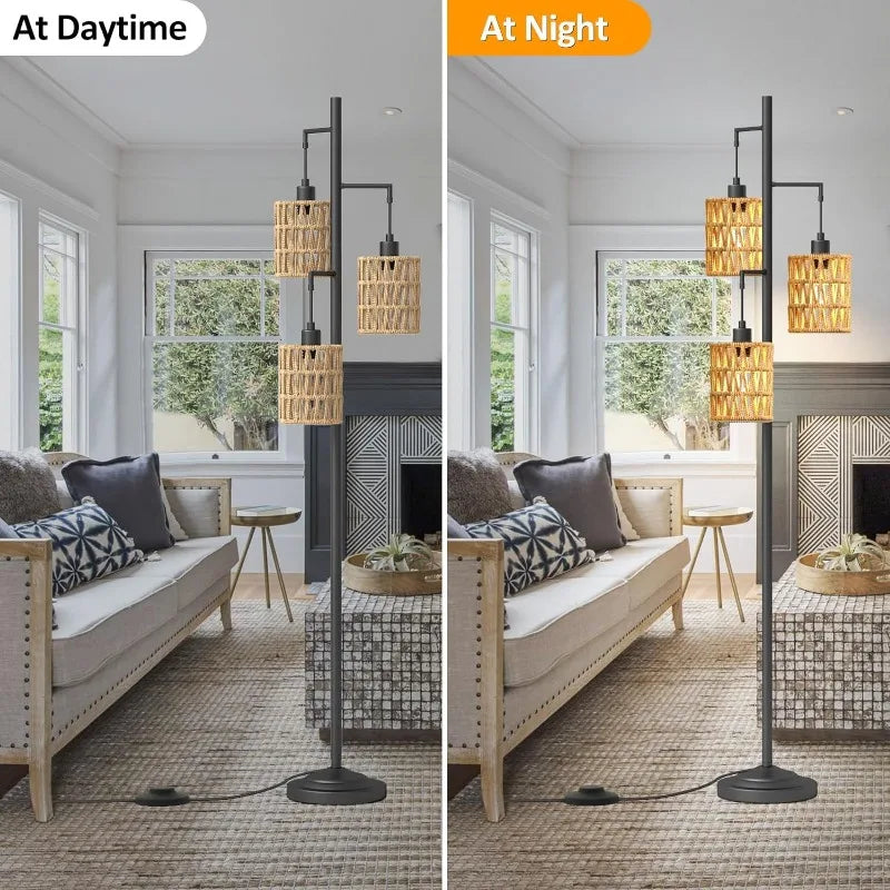 3-Lights Boho Floor Lamps with ON/Off Foot Switch Tree Standing Lamp with Hanging Lampshades Farmhouse Floor Lamp Tall Pole