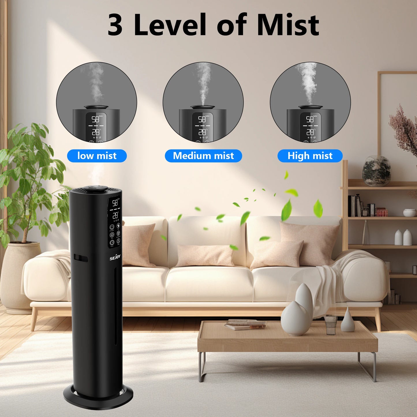 Sejoy Air Humidifier Large Room Bedroom Cool Mist Air 8L/2.11 Gallon Top Fill Remote Control 360° Nozzle For Baby Office Bedroom