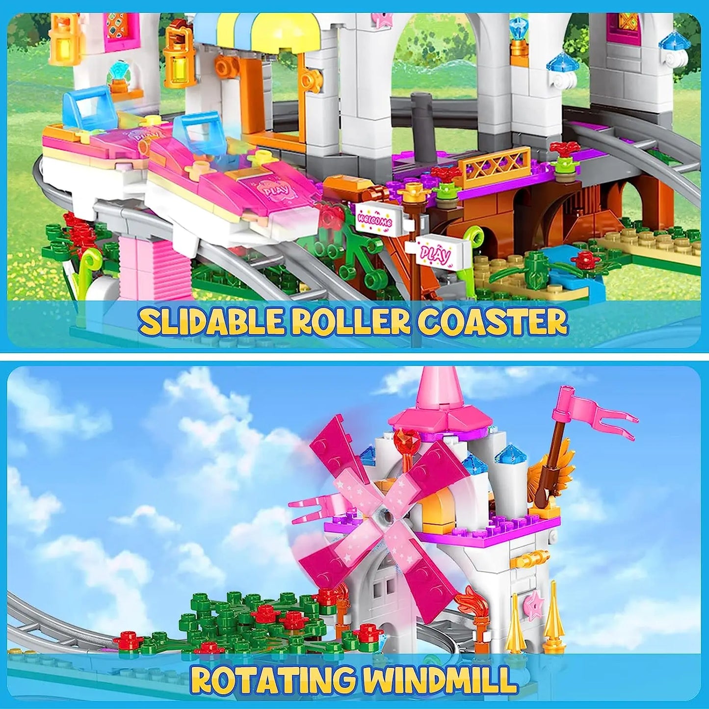 Roller Coaster Building Kit 711Pcs Amusement Park Building Block Kit Princess Playground Park Pink Toy Christmas Gift for Girls