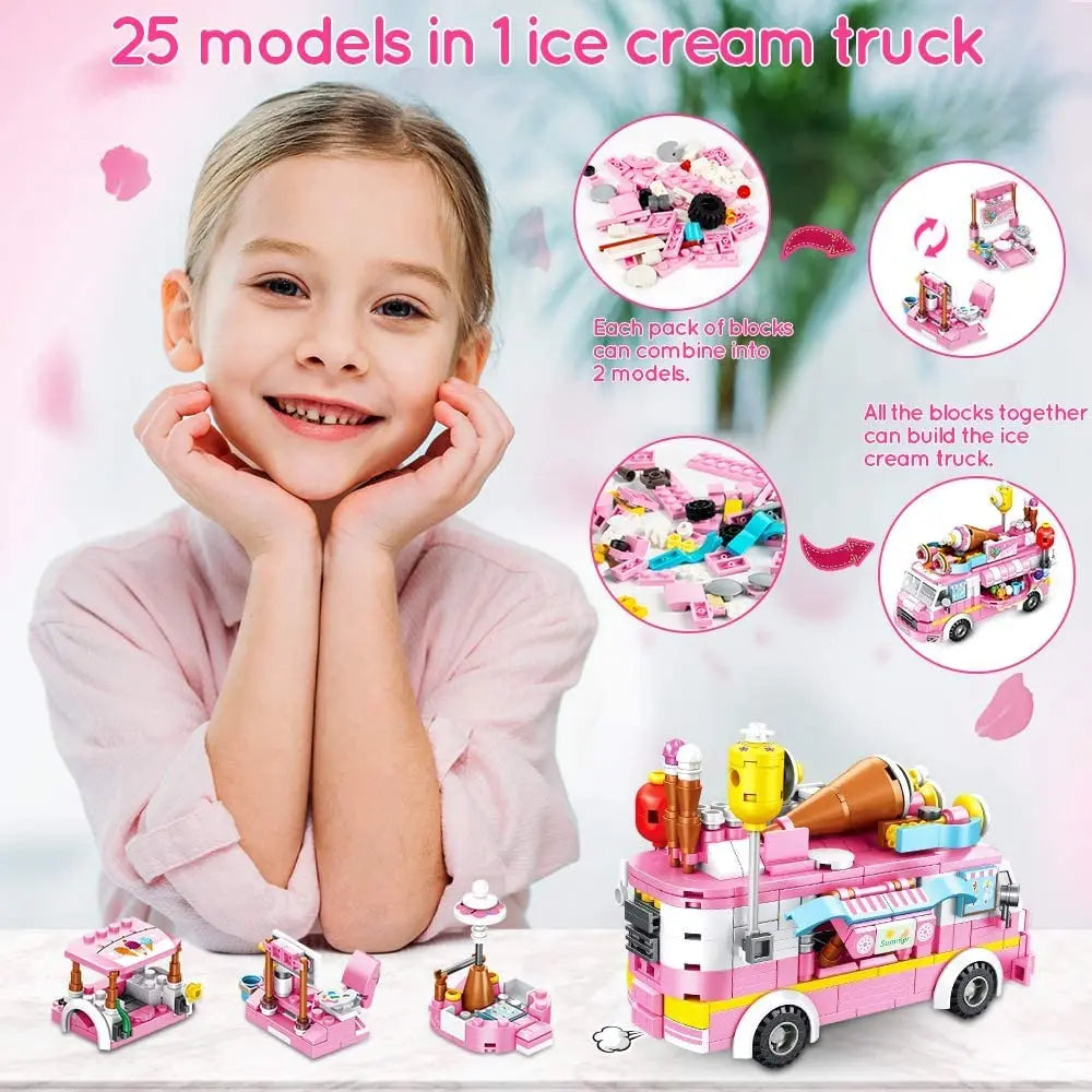 Pink Friendship Ice Cream Truck Street View Dining Car Mini Building Blocks Food Snacks Shop Bricks Toys Gift For Girls