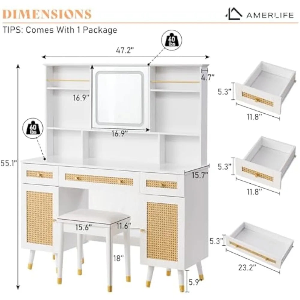 47in Rattan Makeup Vanity Desk with Mirror, Lights, Drawers & Shelves, Boho Vanity Set for Women, Bedroom, Stool Included