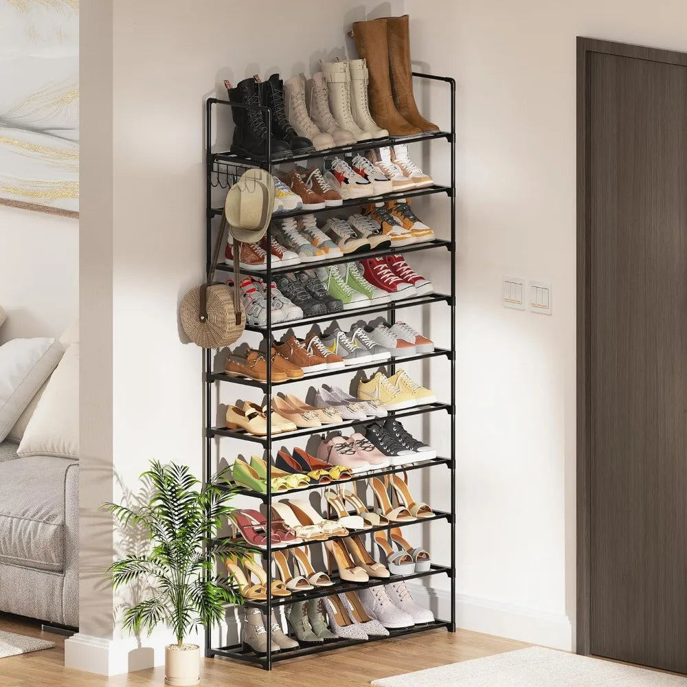 Shoe Rack,10 Tier Shoe Organizer Large Storage with Hooks,Fit 40-50 Pairs Shoes,Metal Tall Shoe Shelf for Entryway,Bedroom