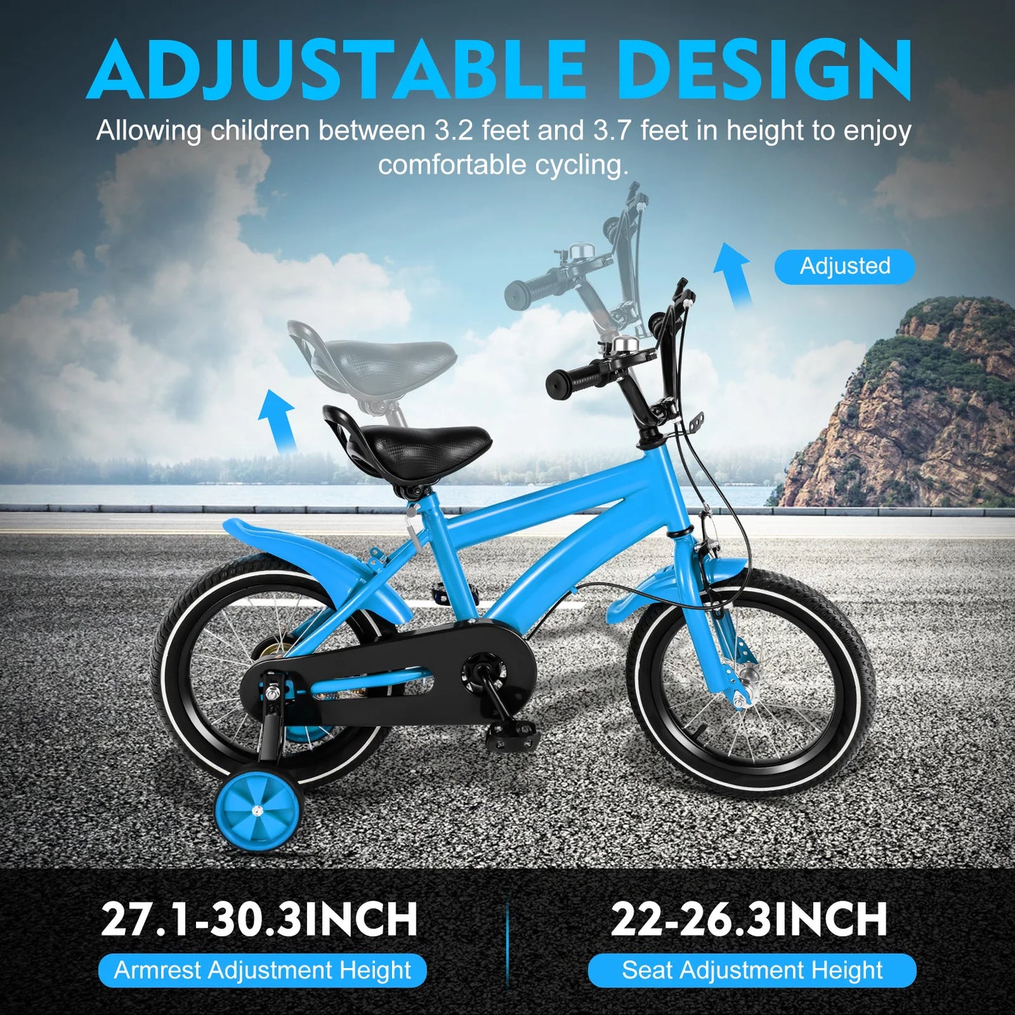 14 Inch Children's Boys Girls Bicycle Height Adjustable W/ Training Detachable Support Wheels Kids Bike