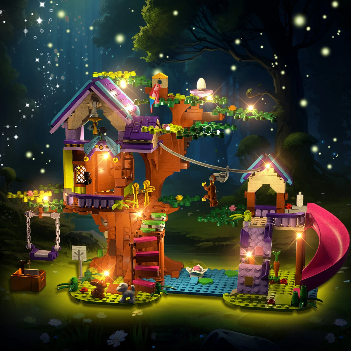 HOGOKIDS Tree House Building Toy with LED Light 751 PCS Treehouse  with Slides Swing Animals Building Block Set