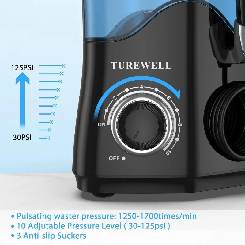 TUREWELL Water Dental Flosser for Teeth/Braces, Water Teeth Cleaner 8 Jet Tips and 10 Pressure Levels, 600ML Large Water Tank