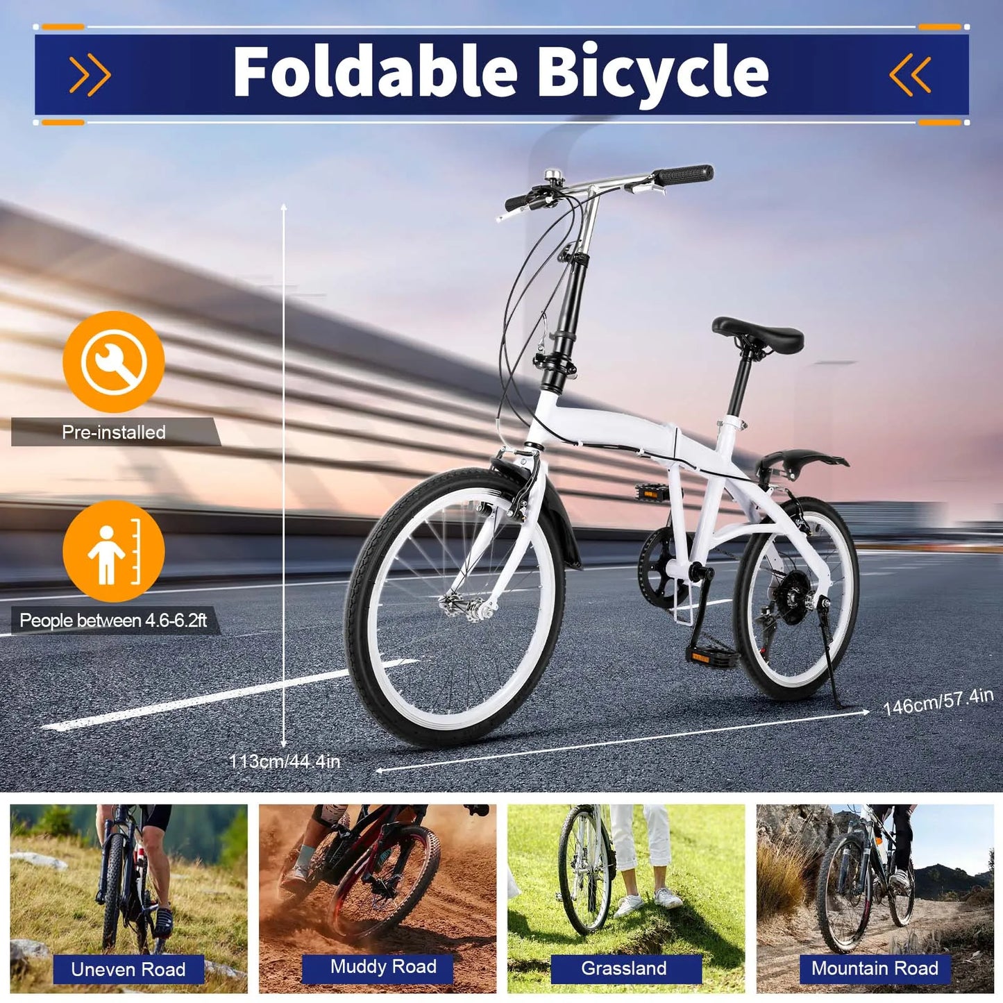 Foldable Bike 20inch,Bicycles Folding 6 Speed Shifter Bike of Adult,Carbon Steel Frame Lightweight Portable Bike