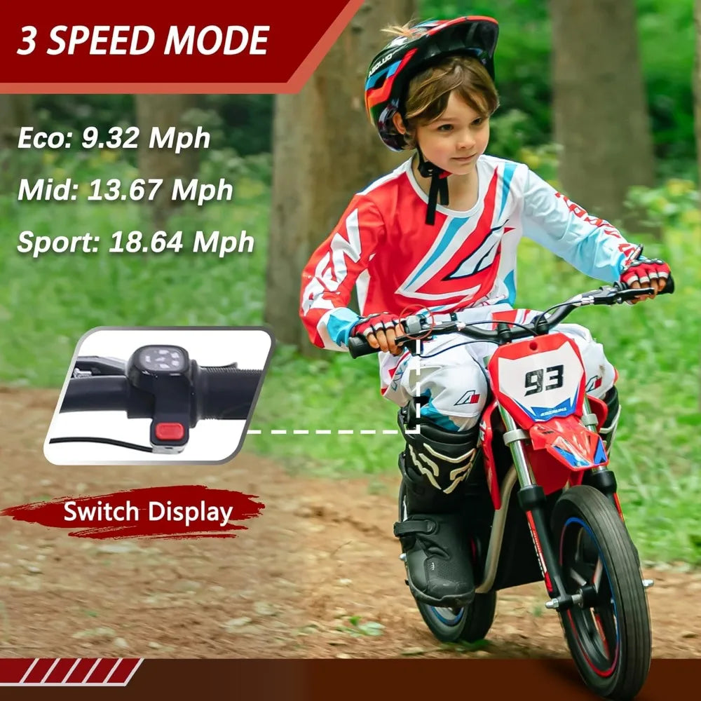 36V Electric Dirt Bike for Kids Aged 6-12, Brushless 350W Racing Grade Electric Motorcycle, Up to 18.6MPH & 3 Speed Settings