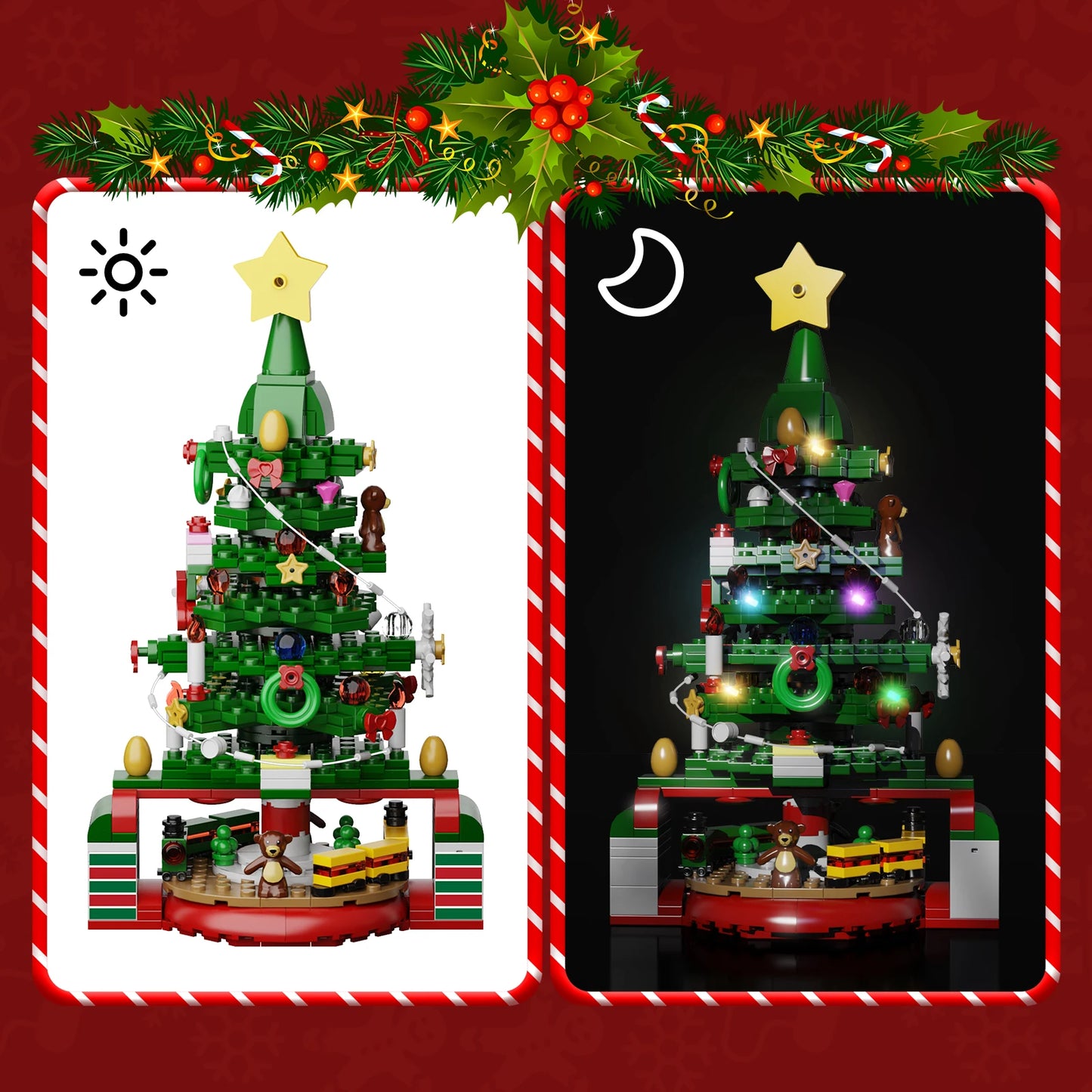 MOC Christmas Tree Building Blocks Sets With Led Light Toy Christmas Advent Calendar Bricks Model Home Decoration Xmas Gifts