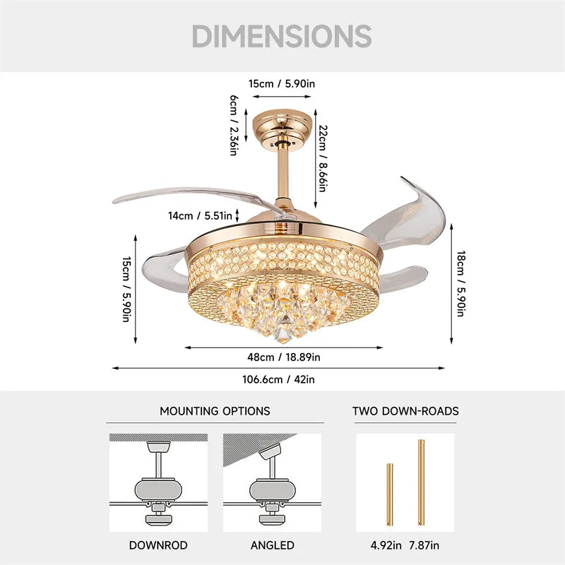 42 Inches Crystal Fan Light For Summer And Winter Energy With Remote Control Fan Lamps 6 Level Luminaire Suitable Lamp Bedroom