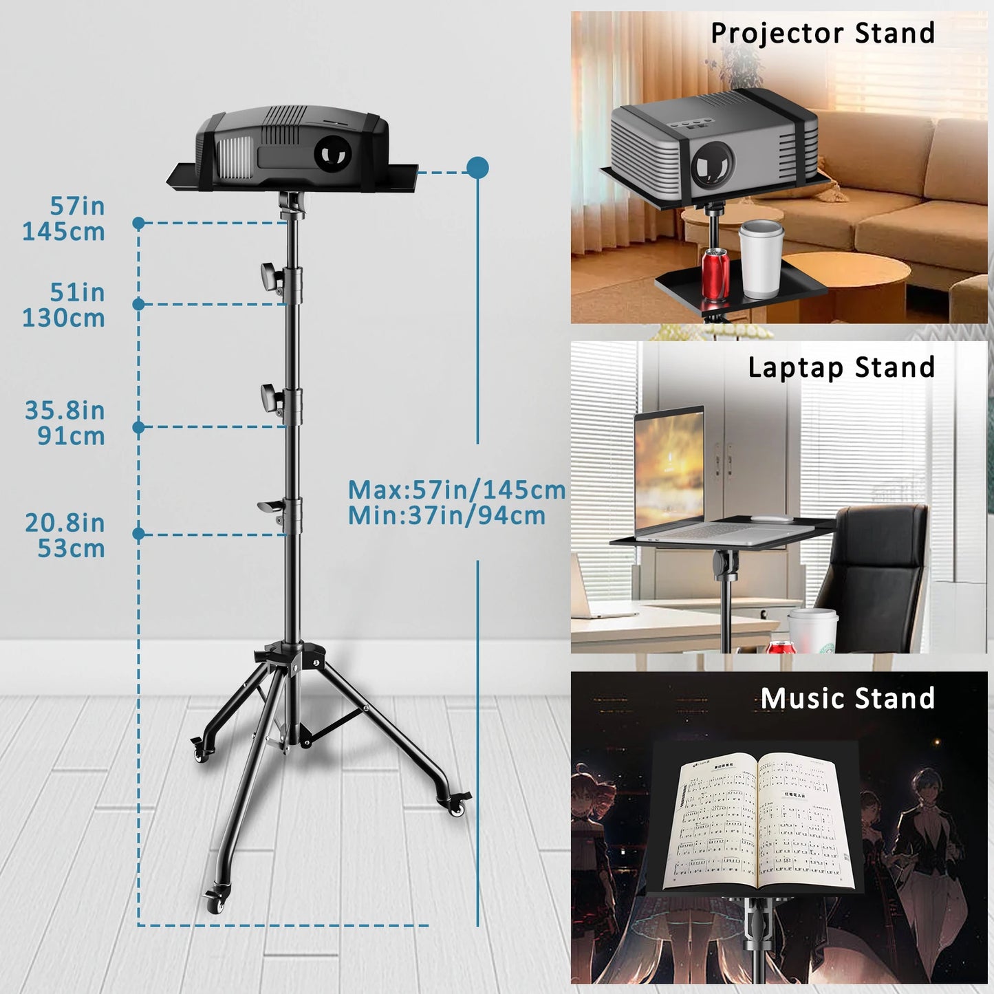 Portable Projector Floor Stand Adjustable Height Projector Tripod Stand with 2 Shelves, Laptop Tripod on Wheels With Two Clip