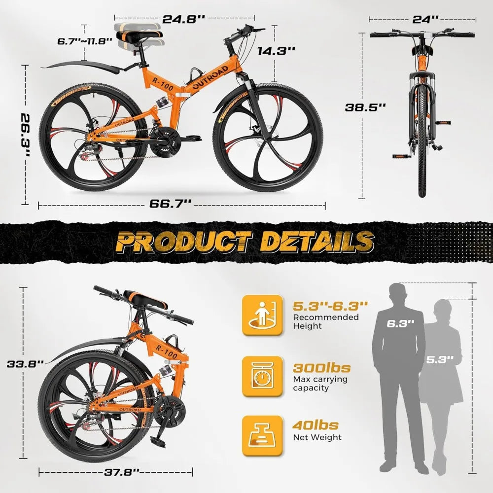 26 Inch Folding Mountain Bike，21 Speed Full Suspension High-Carbon Steel MTB Foldable Bicycle，Black，Orange & Green Freight free