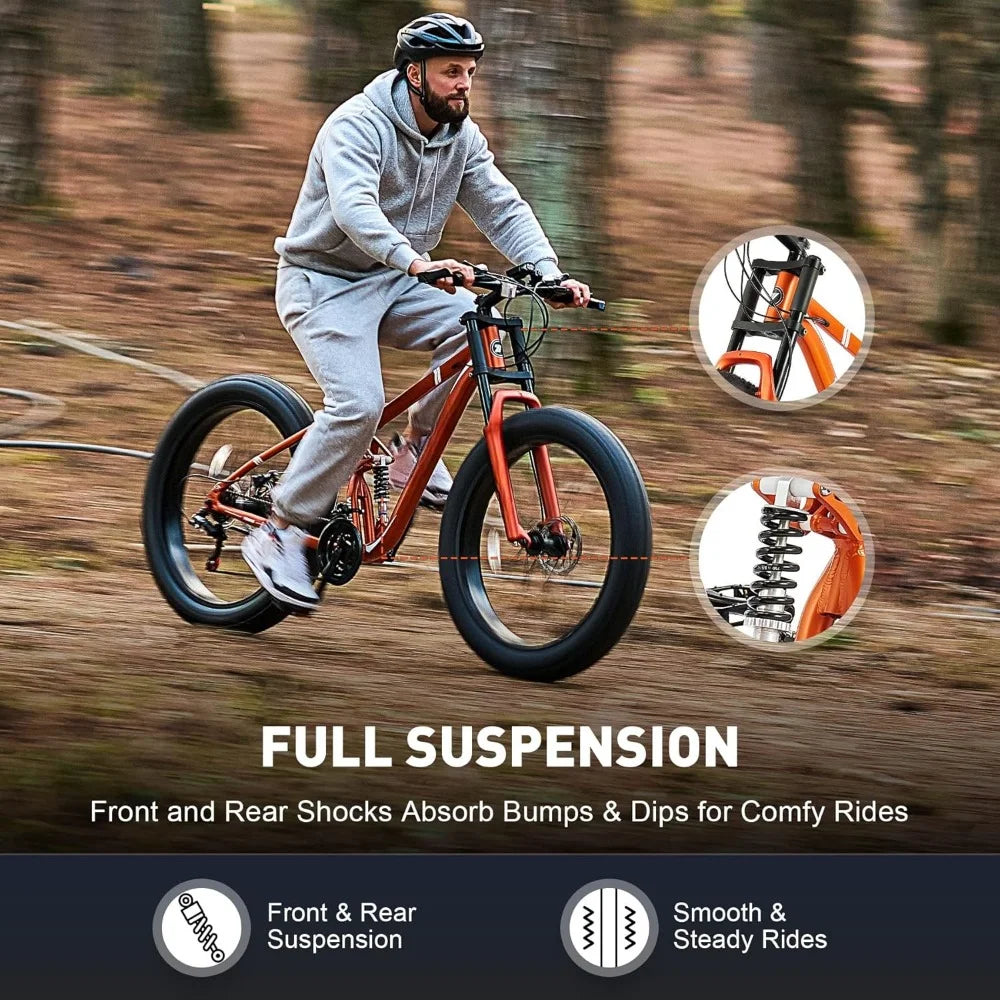 Fat tire bike, full suspension, 21-speed aluminum frame, 26x4.0" mountain bike, gloves and lights,with front and rear suspension