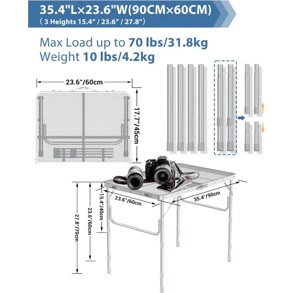 Metal Folding Table, 3ft(L) x 2ft(W) Height Adjustable Camping Table Portable Aluminum Folding Outdoor Grill Table