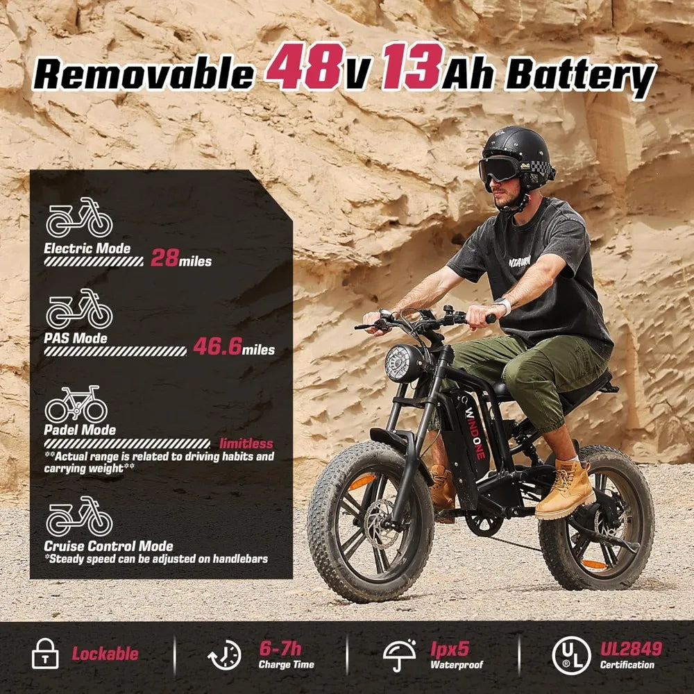 Electric Bike,750W Ebike with 48V13Ah Battery,All-Terrain 20" Fat Tire Electric Bikes Up to 28MPH & 46.6Miles,Moped E-bike