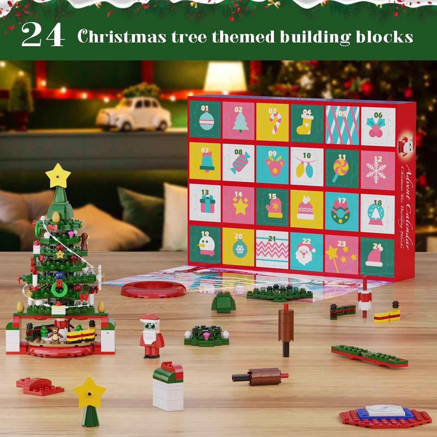 MOC Christmas Tree Building Blocks Sets With Led Light Toy Christmas Advent Calendar Bricks Model Home Decoration Xmas Gifts