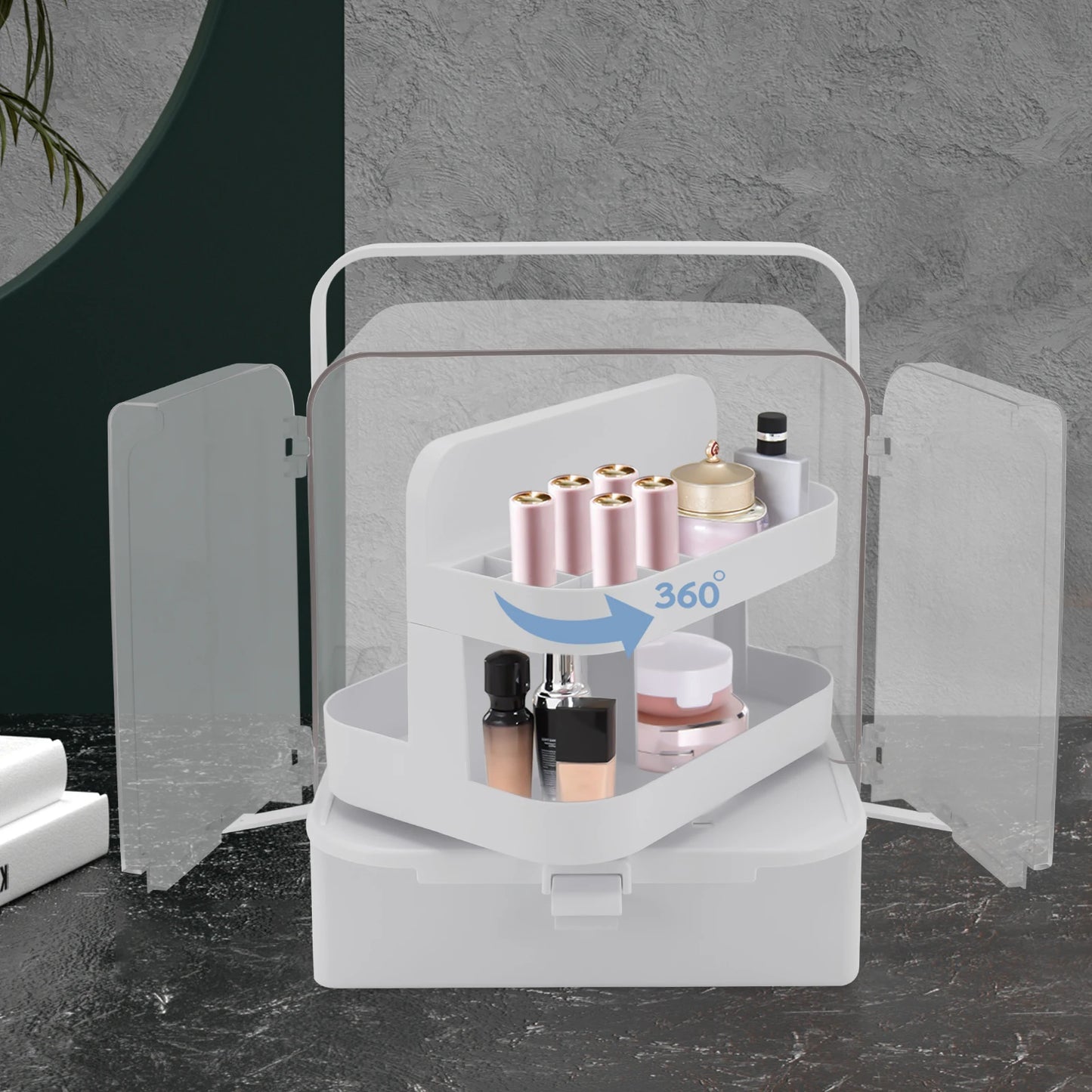 360 Degree Rotating Cosmetics and Skin Care Products Organizer Dustproof and Waterproof Desktop Transparent Makeup Organizer