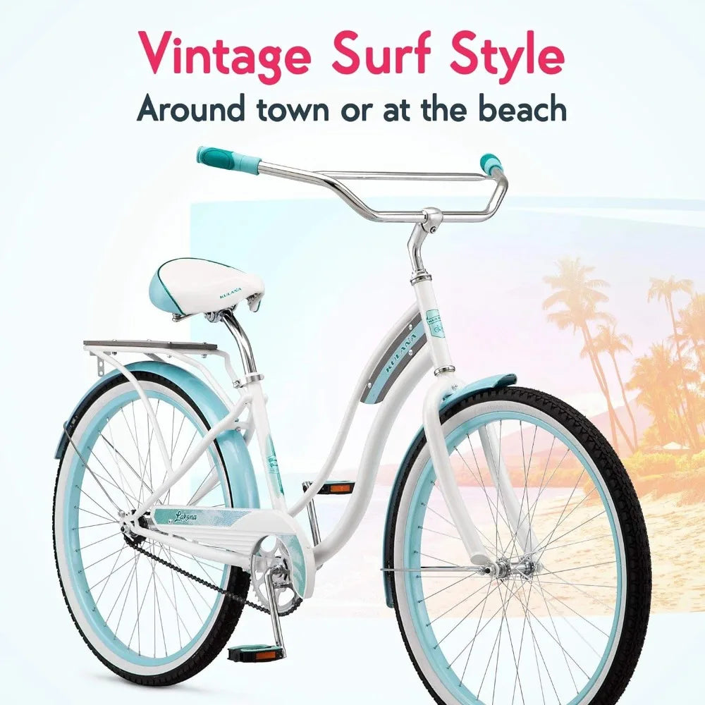 Lakona Youth and Adult Beach Cruiser Bike, Men and Women, 20-26-Inch Wheel Options, Step-Through or Step-Over Frames,