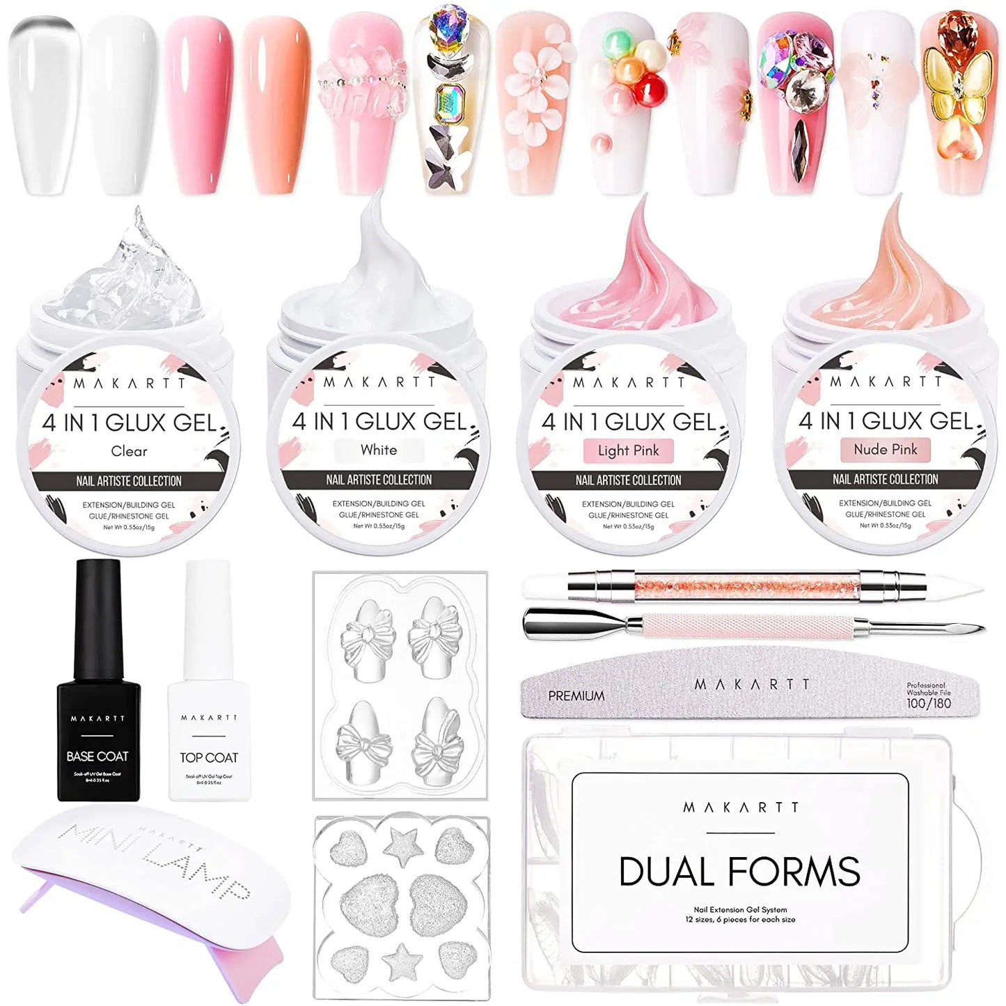 Makartt Solid Builder Nail Gel Kit for Nail Extension,All in One Hard Gel Nail Kit with Gel Base Top Coat UV LED Nail Lamp