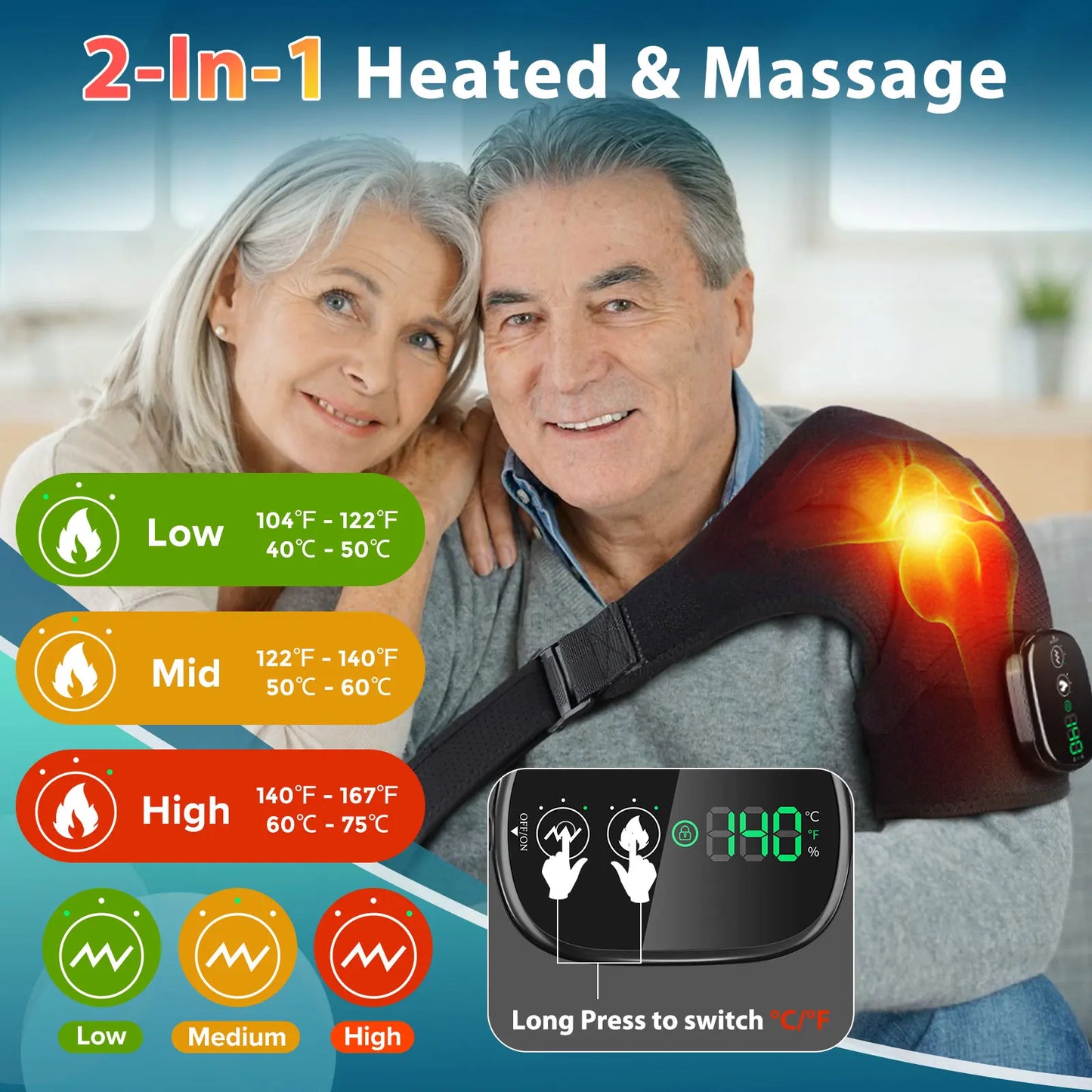 Electric Heating Shoulder Massager Brace Joint Vibration Arthritis Pain Relief LED Smart Controller Adjustable Support Belt