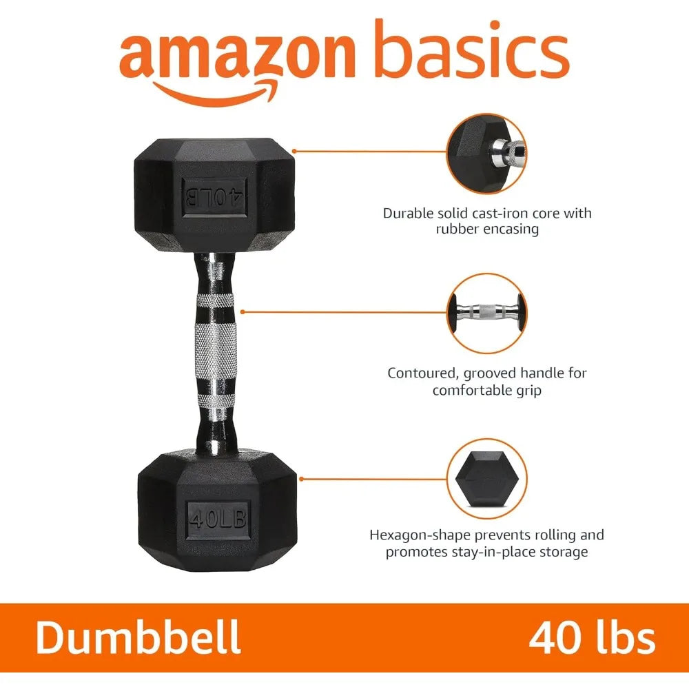 Rubber Encased Exercise & Fitness Hex Dumbbell, Hand Weight for Strength Training, 40 lb, Black & Silver