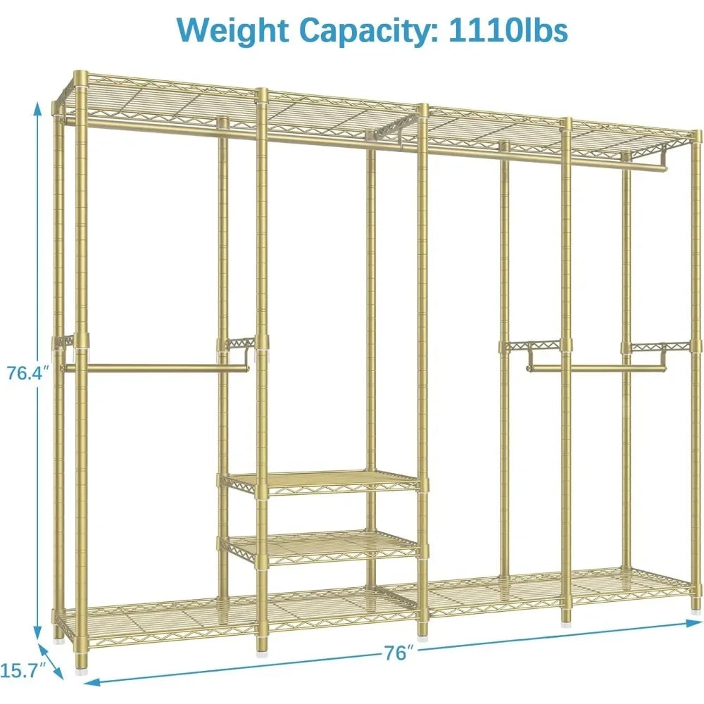 Multi-Functional Metal Clothing Rack Bedroom Freestanding Wardrobe Closet Rack Bedroom Clothes Cabinet Max Load 1110lbs Gold