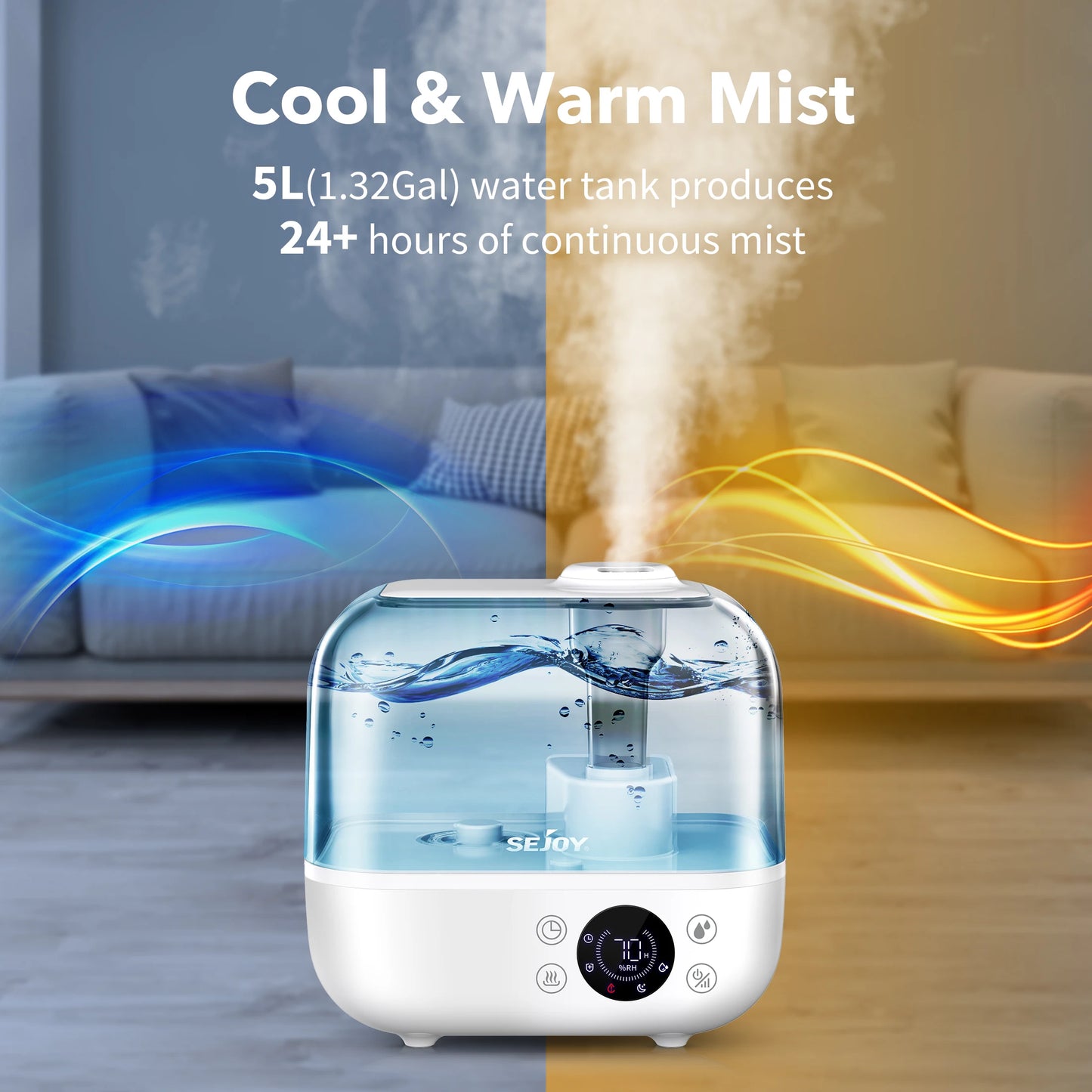 Sejoy 5l Air Humidifier For Large Room Baby Room And Office Quiet Ultrasonic Warm Mist Auto Shut Off Bedroom Top Fill Humidifier